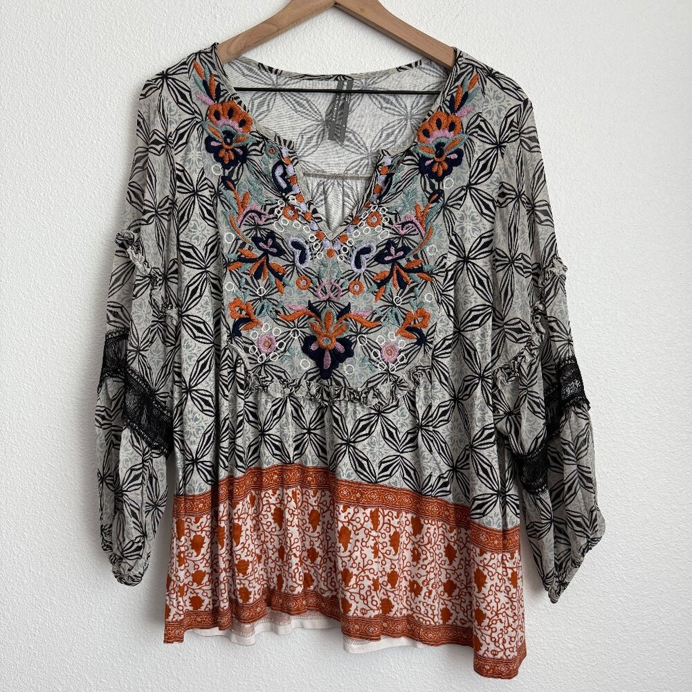 Anthropologie Terri Embroidered Peasant Boho Top Size XL